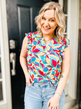 Lizzy Flutter Sleeve Top in Teal and Red Mod Floral