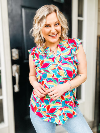 Lizzy Flutter Sleeve Top in Teal and Red Mod Floral