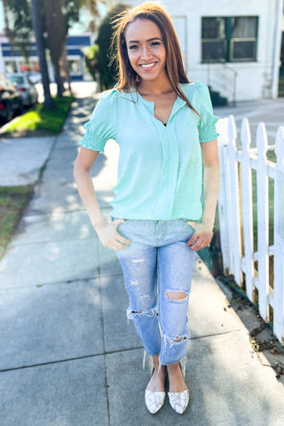 Elegant You Lilac Notched Neck Smocked Short Sleeve Blouse