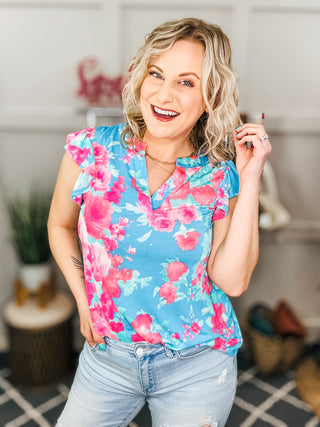 Lizzy Flutter Sleeve Top in Blue and Pink Roses