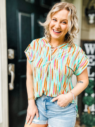 Lizzy Cap Sleeve Top in Lime and Emerald Multi Stripe