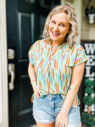 Lizzy Cap Sleeve Top in Lime and Emerald Multi Stripe