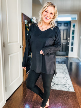 Buttery Soft V-Neck Long Sleeve Loungewear Set in Black