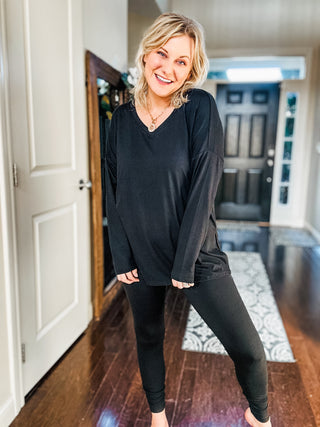 Buttery Soft V-Neck Long Sleeve Loungewear Set in Black