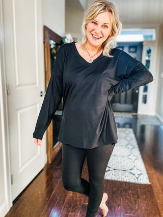 Buttery Soft V-Neck Long Sleeve Loungewear Set in Black