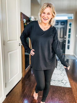 Buttery Soft V-Neck Long Sleeve Loungewear Set in Black