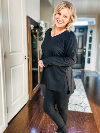 Buttery Soft V-Neck Long Sleeve Loungewear Set in Black