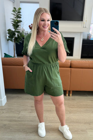 Short Sleeve V-Neck Romper in Army Green II