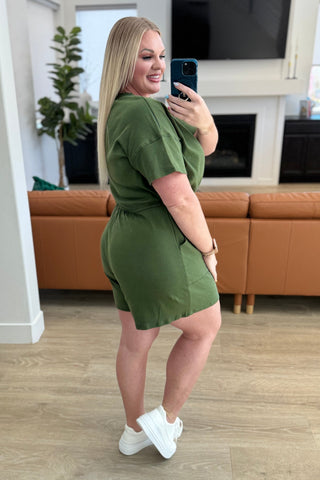 Short Sleeve V-Neck Romper in Army Green II