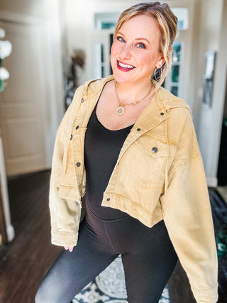 Cropped Hooded Denim Jacket in Mustard