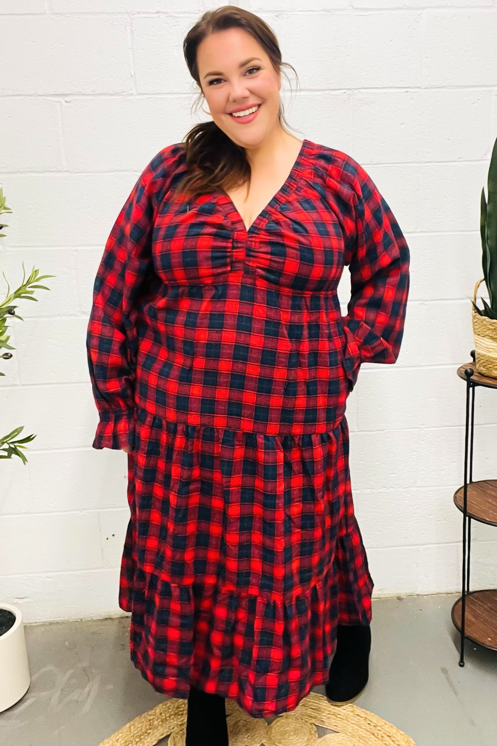 All I Want Red Plaid Elastic V Neck Tiered Maxi Dress II Small All I Want Red Plaid Elastic V Neck Tiered Maxi Dress II Small