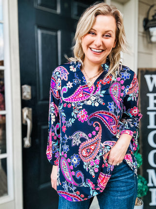 Lizzy Top Little Lovely Blouse in Navy Paisley II