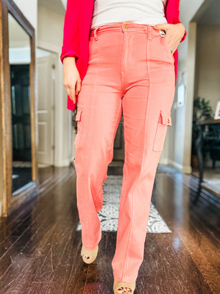 Judy Blue Peggy High Rise Cargo Straight Jeans in Pink