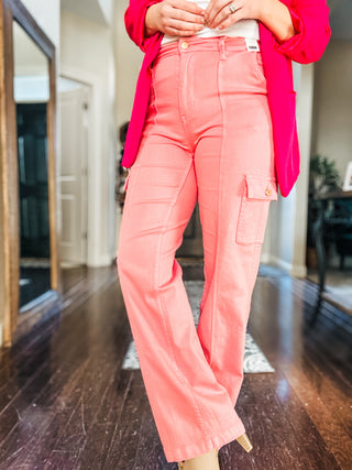 Judy Blue Peggy High Rise Cargo Straight Jeans in Pink