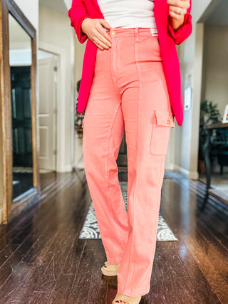 Judy Blue Peggy High Rise Cargo Straight Jeans in Pink