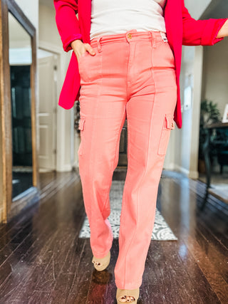 Judy Blue Peggy High Rise Cargo Straight Jeans in Pink