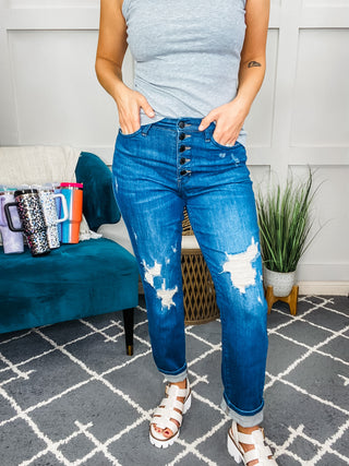 Judy Blue Girl Crush Button Fly Distressed Boyfriend Jeans