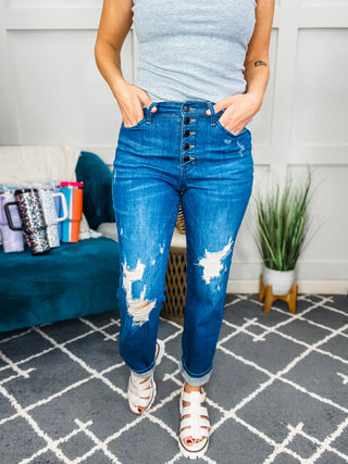 Judy Blue Girl Crush Button Fly Distressed Boyfriend Jeans