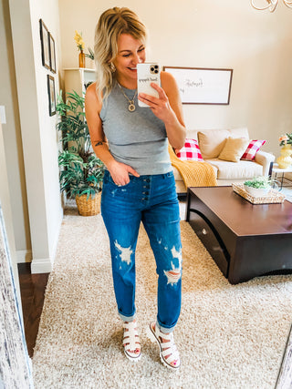 Judy Blue Girl Crush Button Fly Distressed Boyfriend Jeans