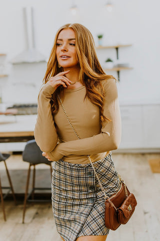 Hold Me Tight Ribbed Long Sleeve Top In Tan