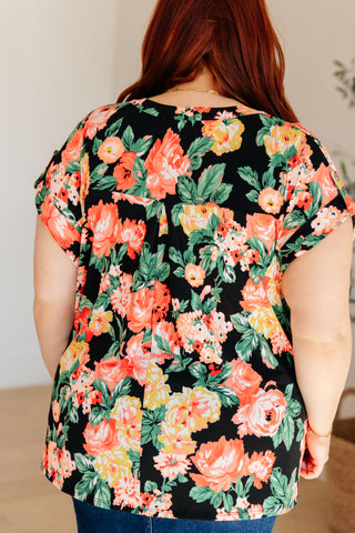 Lizzy Cap Sleeve Top in Black Garden Floral II