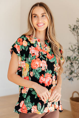 Lizzy Cap Sleeve Top in Black Garden Floral II