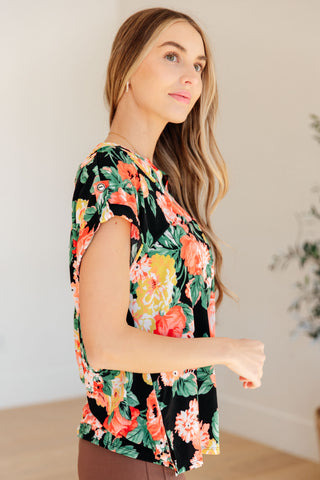 Lizzy Cap Sleeve Top in Black Garden Floral II