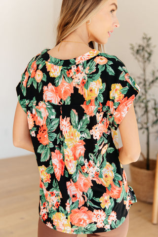 Lizzy Cap Sleeve Top in Black Garden Floral II