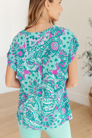 Lizzy Cap Sleeve Top in Magenta and Teal Paisley II