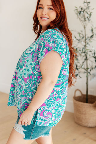 Lizzy Cap Sleeve Top in Magenta and Teal Paisley II