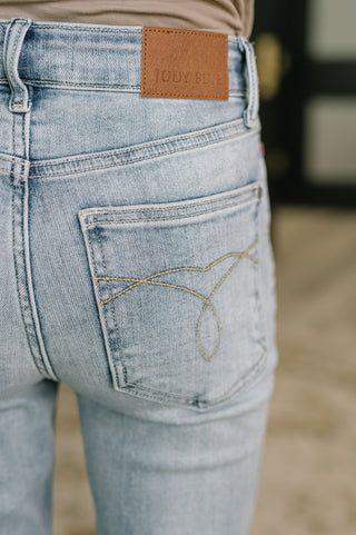 Judy Blue Mckaylee Mid Rise Kick Flare Jeans with Frayed Hem