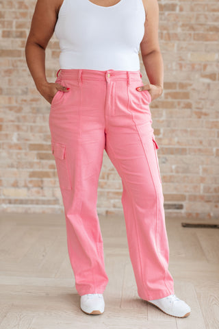 Judy Blue Peggy High Rise Cargo Straight Jeans in Pink