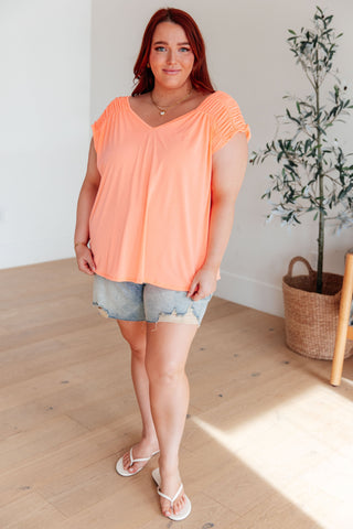 Ruched Cap Sleeve Top in Neon Orange II