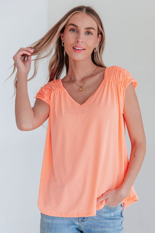 Ruched Cap Sleeve Top in Neon Orange II