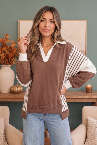 Back to School Color Block Pullover in Mocha