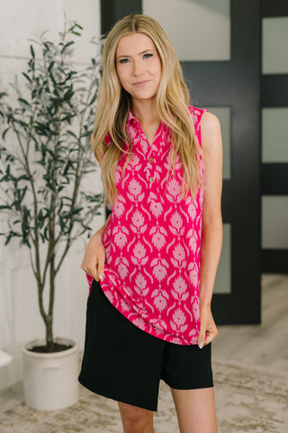 Sea Spray Collared Sleeveless Top in Floral Ikat