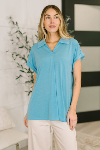 Sea You Soon Collared Top in Costal Blue
