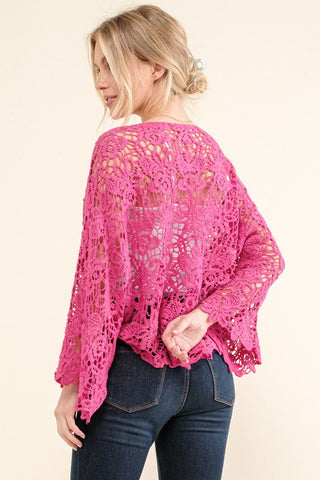 Beautiful You Fuchsia Crochet Front Tie Bell Sleeve Cardigan