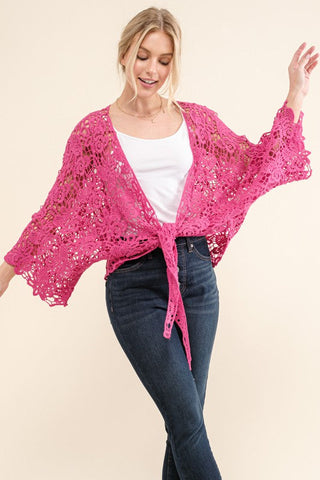 Beautiful You Fuchsia Crochet Front Tie Bell Sleeve Cardigan