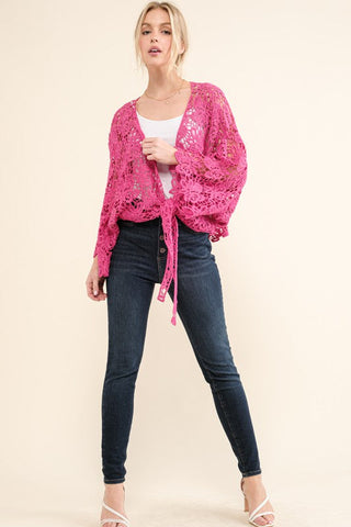 Beautiful You Fuchsia Crochet Front Tie Bell Sleeve Cardigan