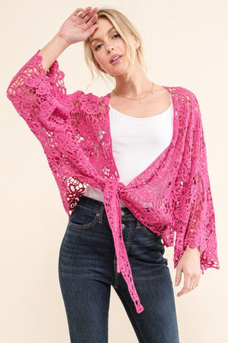 Beautiful You Fuchsia Crochet Front Tie Bell Sleeve Cardigan