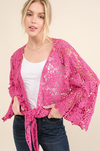Beautiful You Fuchsia Crochet Front Tie Bell Sleeve Cardigan
