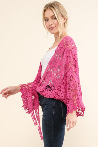 Beautiful You Fuchsia Crochet Front Tie Bell Sleeve Cardigan