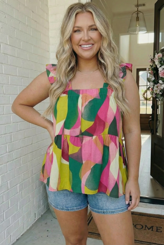 Abstract Print Ruffle Sleeve Babydoll Top