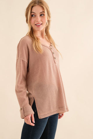 Casual Living Brown Henley Cuff Sleeve Side Slit Pullover
