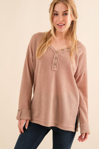 Casual Living Brown Henley Cuff Sleeve Side Slit Pullover