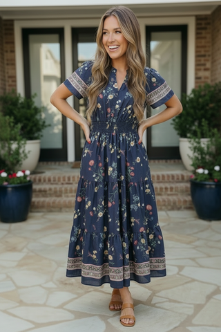 At the Summer Cottage Navy Floral Midi Dress