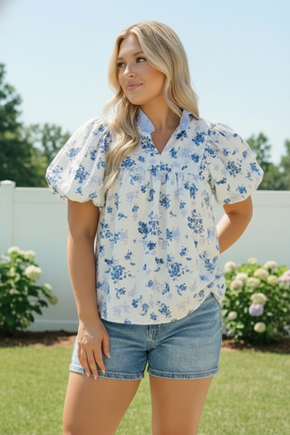 Sweet in Blue Floral Puff Sleeve Babydoll Top