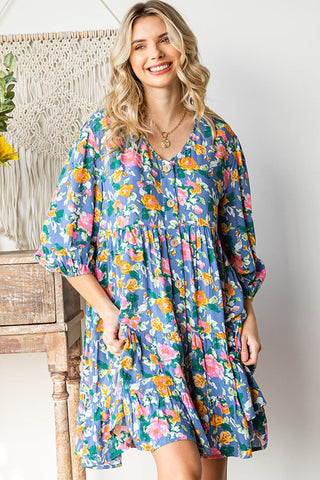 Boho Vibes Cotton Floral Button Down 3/4 Sleeve Tiered Dress
