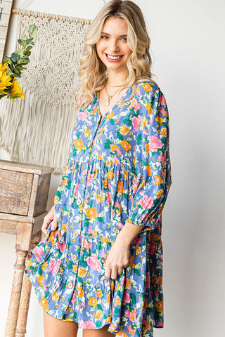Boho Vibes Cotton Floral Button Down 3/4 Sleeve Tiered Dress